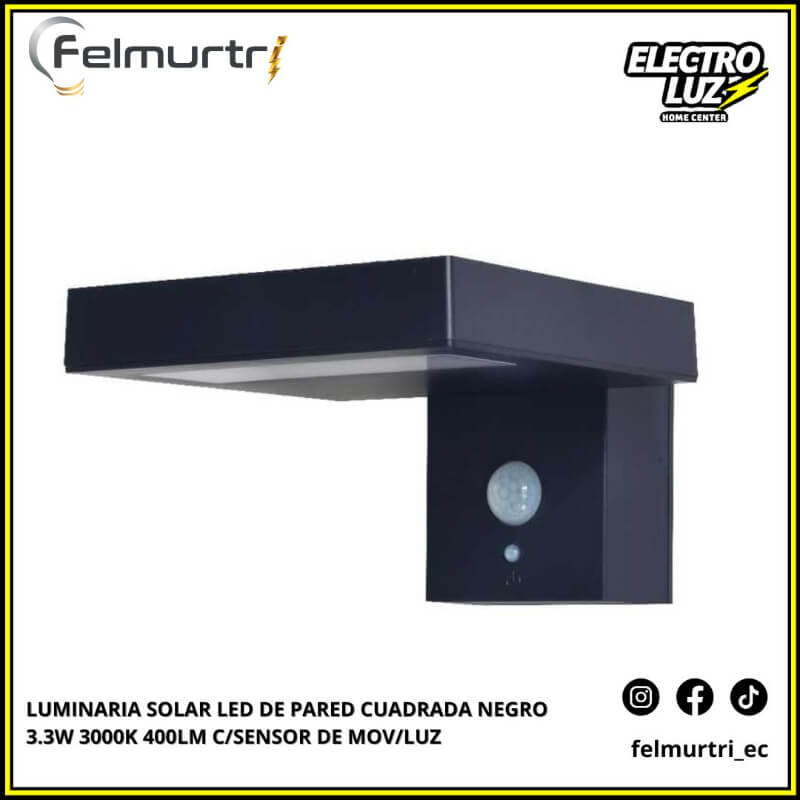 LUMINARIA SOLAR LED DE PARED CUADRADA NEGRO 3.3W 3000K C/SENSOR DE MOV/LUZ