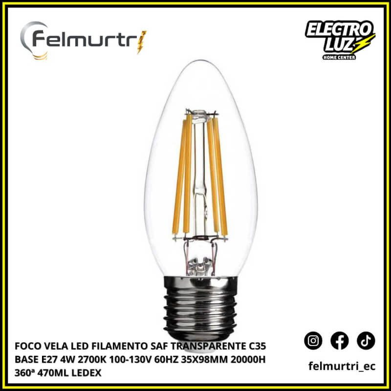 FOCO VELA LED FILAMENTO SAF TRANSPARENTE C35 E27 4W 2700K