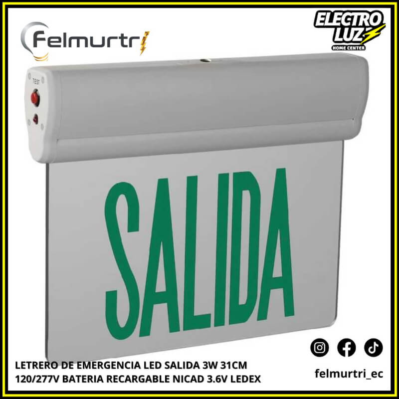 LETRERO DE EMERGENCIA LED SALIDA 3W 31CM BATERIA RECARGABLE NICAD