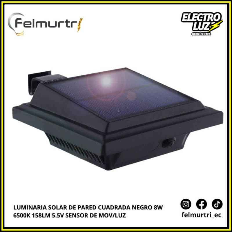 LUMINARIA SOLAR PARED CUADRADA NEGRO 8W 6500K 5.5V