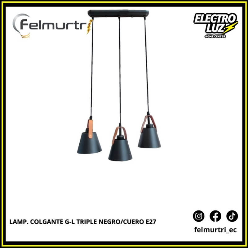 LAMPARA COLGANTE TRIPLE NEGRO/CUERO E27