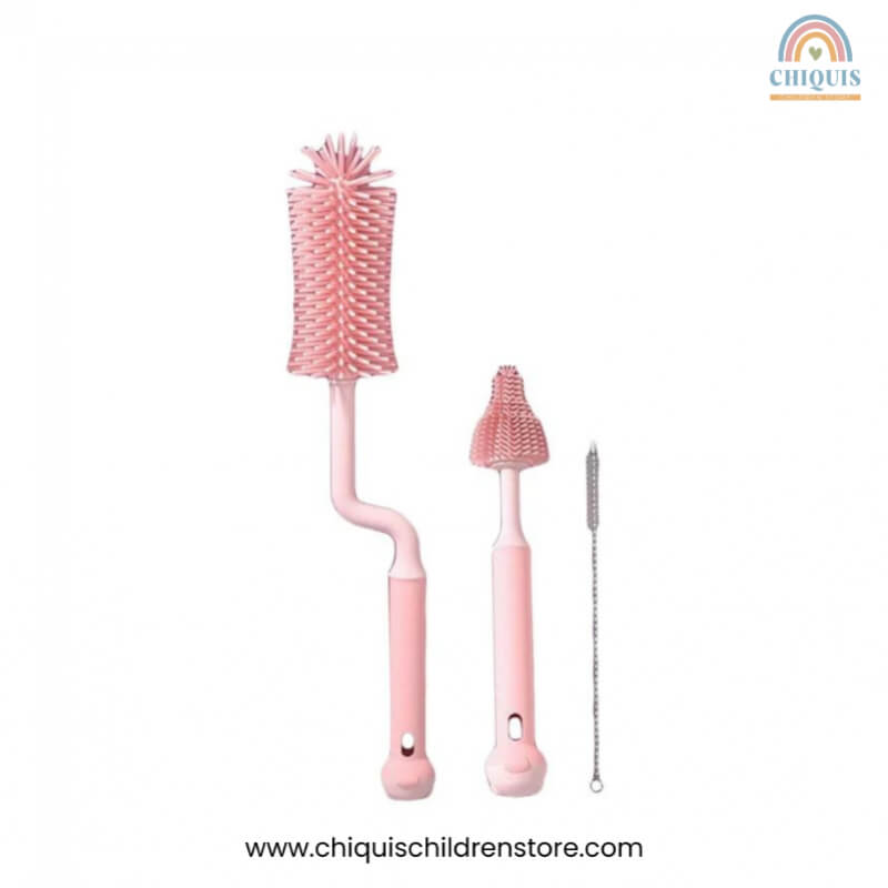 Set de Cepillos Lava Biberones Color Rosa - Juego de 3 Piezas con Mango de Silicona, Antideslizante y Giratorio | Chiquis Children Store