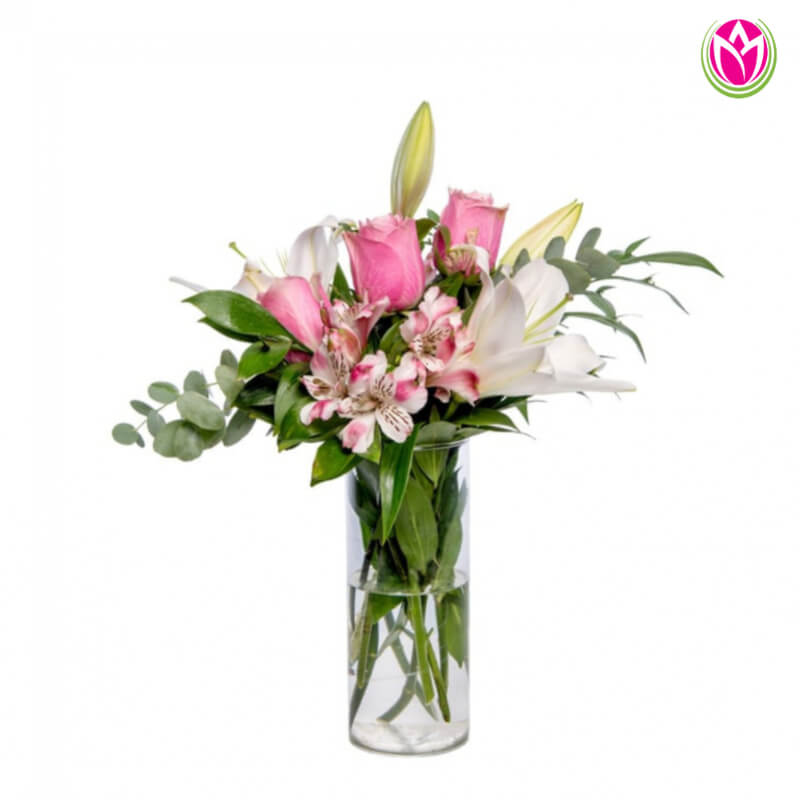 Arreglo Floral Astromelia Rosa, Rosa Rosada y Lilium Blanca en Jarrón con Eucalipto | Regalo Perfecto para Cualquier Ocasión