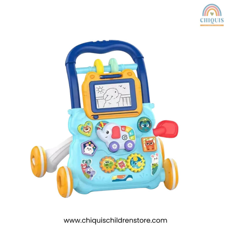 Caminador Sit-to-Stand Interactivo con Pizarra Desmontable y Piano Musical - Disponible en Celeste y Rosado | Chiquis Children Store