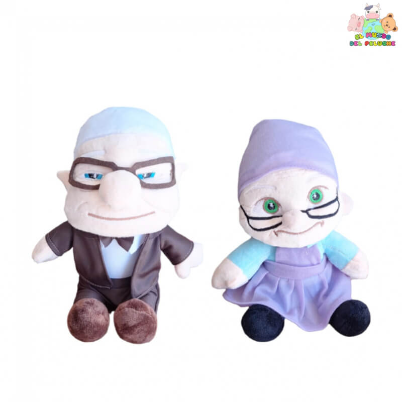 Peluche Abuelitos Carl y Ellie – Personajes de la Película UP | Saco Café y Vestido Lila | 23cm de Altura – El Mundo del Peluche Querétaro