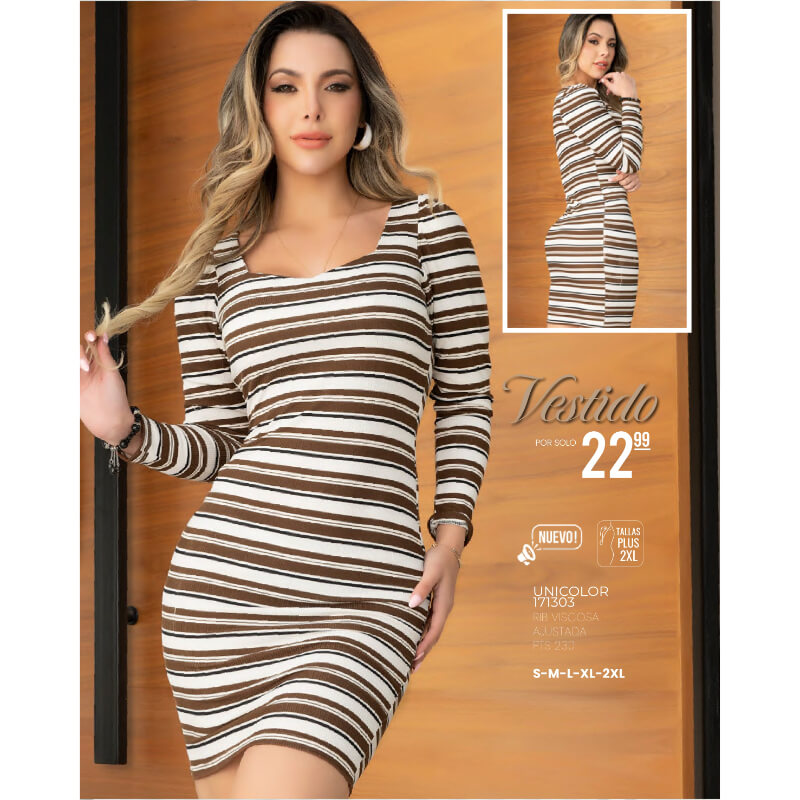 171303 vestido a rayas cafe