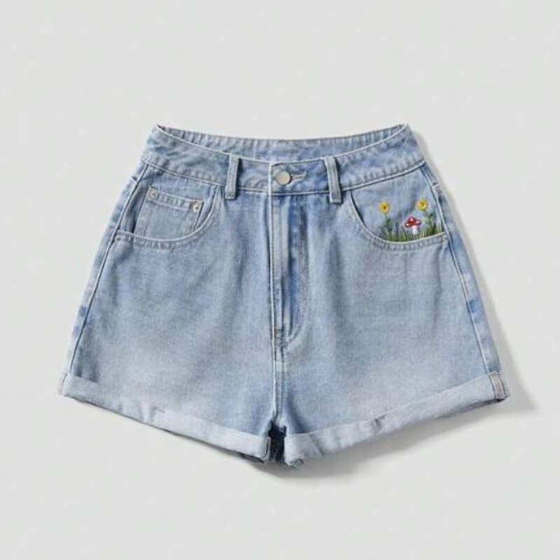 Short vaquero casual de línea A con bordado de setas y girasol, bolsillo y dobladillo con flecos casual