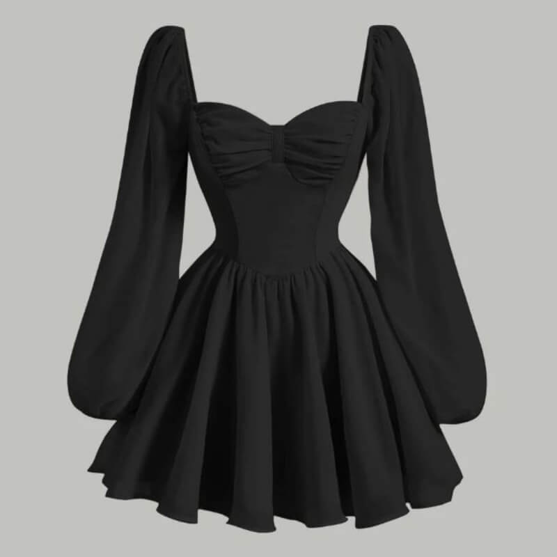 Vestido corto negro de manga larga suelta con cuello en pecho de corazón