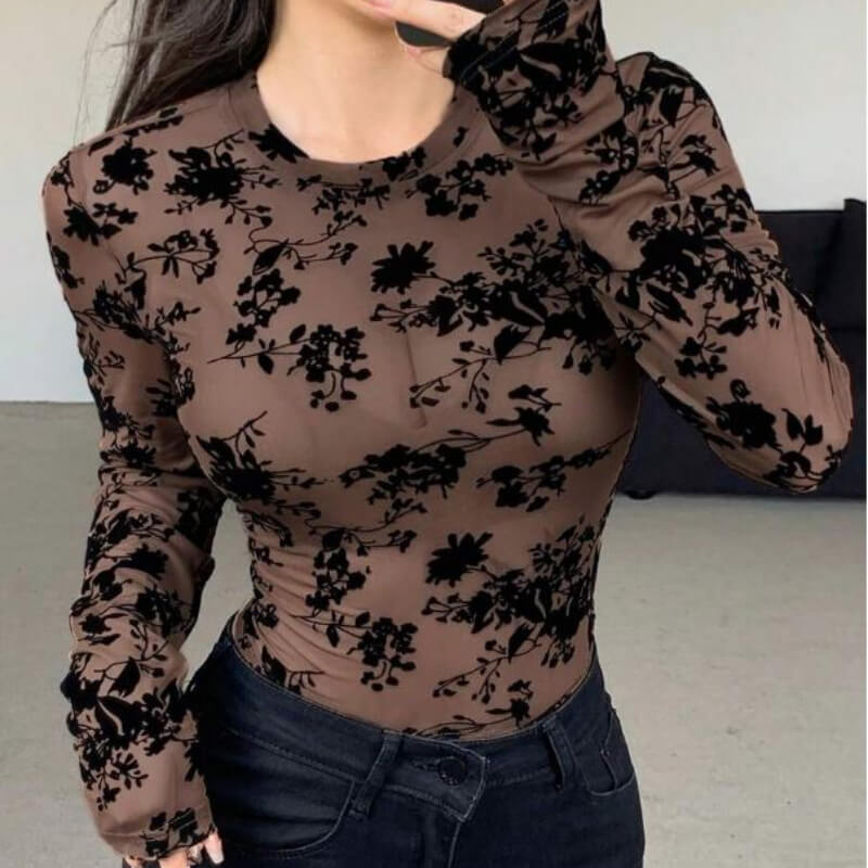 Blusa de manga larga sexy con estampado floral transparente