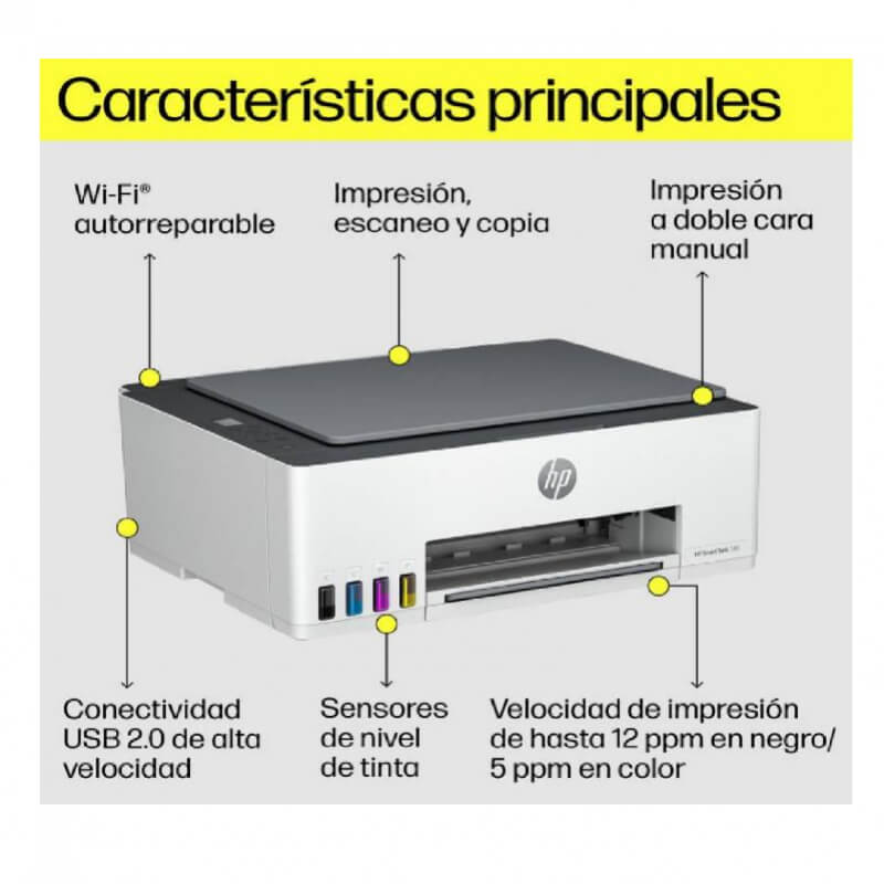 IMPRESORA HP 580 SMART TANK MFP WIFI 12PPM/5PPMC PANT 1.2 PUL BLANCA GT53/52