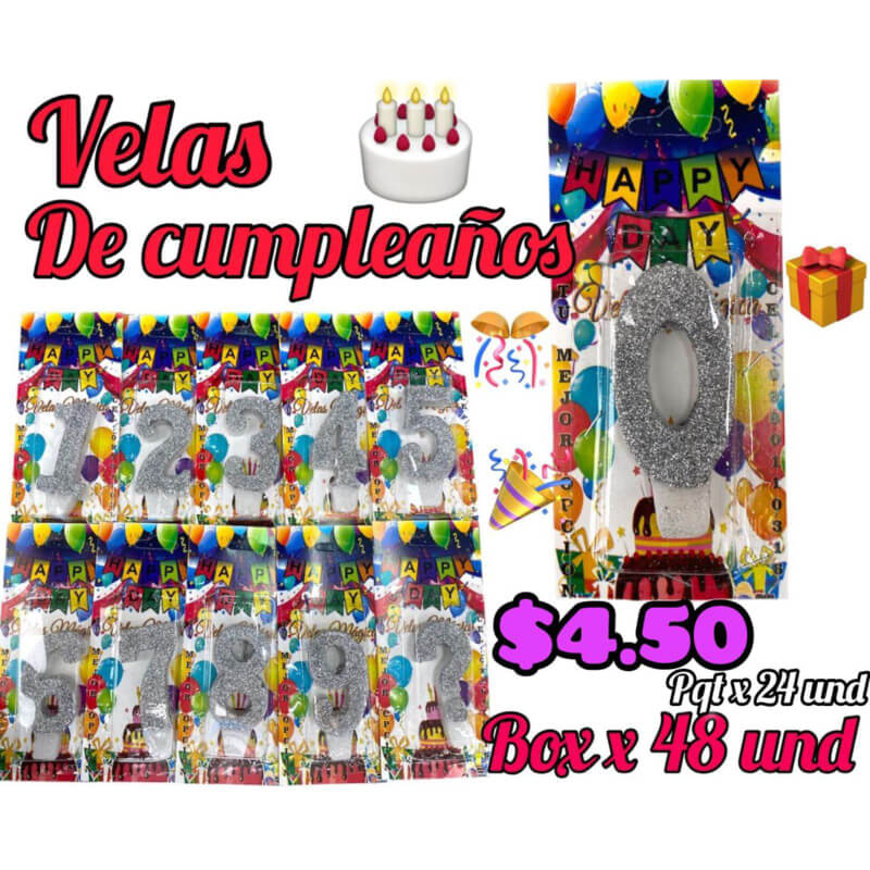 Velas de cumpleaños de números plateadas pqtx24und