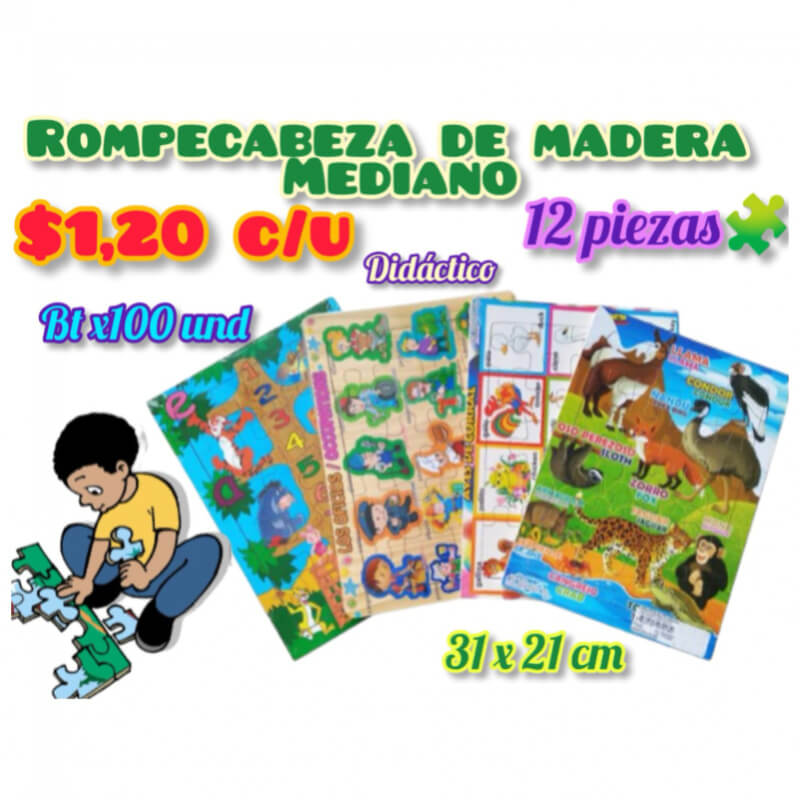 Rompecabeza de madera mediano 12 piezas Bx100und