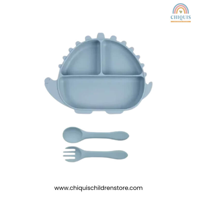 Set de Alimentación de Silicona para Bebé en Forma de Dinosaurio – Libre de BPA, Seguro y Divertido, 3 Piezas, Color Celeste | Chiquis Children Store