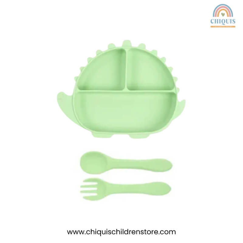 Set de Alimentación de Silicona para Bebé en Forma de Dinosaurio – Libre de BPA, Seguro y Divertido, 3 Piezas, Color Verde | Chiquis Children Store