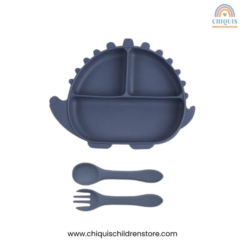 Set de Alimentación de Silicona para Bebé en Forma de Dinosaurio – Libre de BPA, 3 Piezas, Color Azul Fuerte | Chiquis Children Store