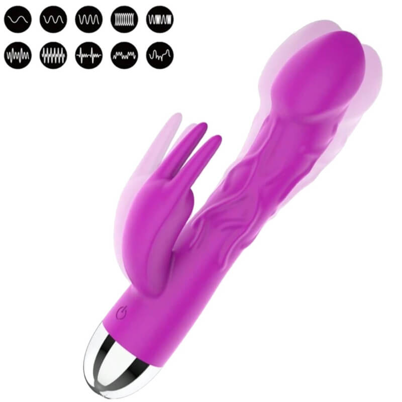 Dildo Vibrador Conejo con 10 velocidades a batería, color Morado.