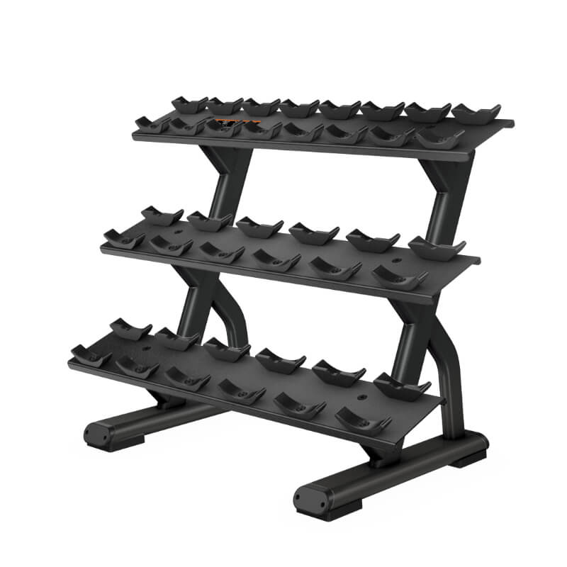 ALMACENAMIENTO DE MANCUERNAS MARCA PRECOR - MODELO Rack de 3 niveles para 10 pares de mancuernas - Serie Discovery | FITNESS SOLUTIONS ECUADOR