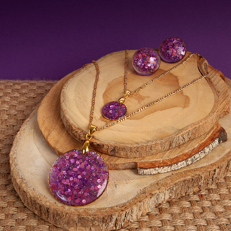 Set collar - aretes dorado, morado, fucsia