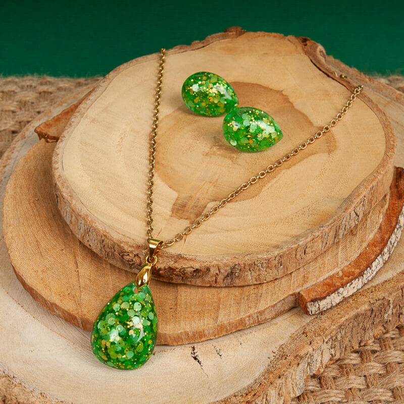 Set collar - aretes gota verde vivo