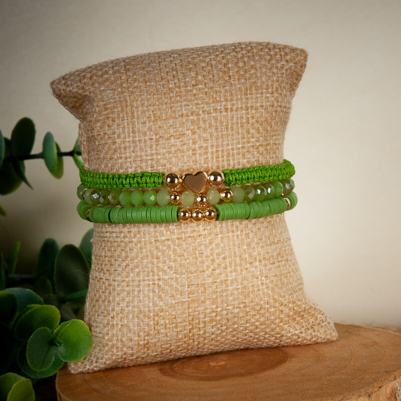 Pulsera Triple verde tejida- cristales - pucas