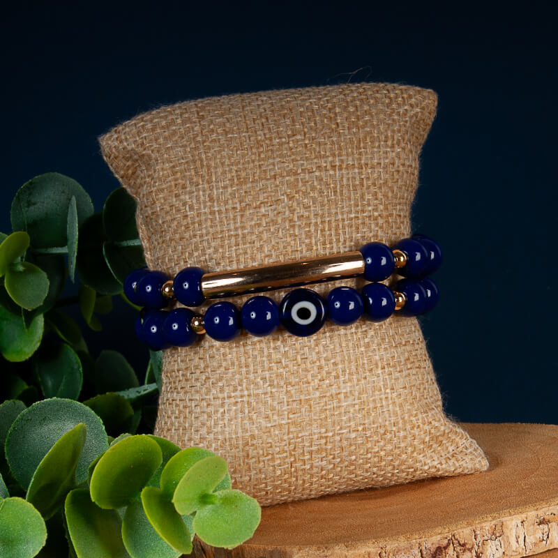 Pulsera Doble Dorado Azul ojo turco