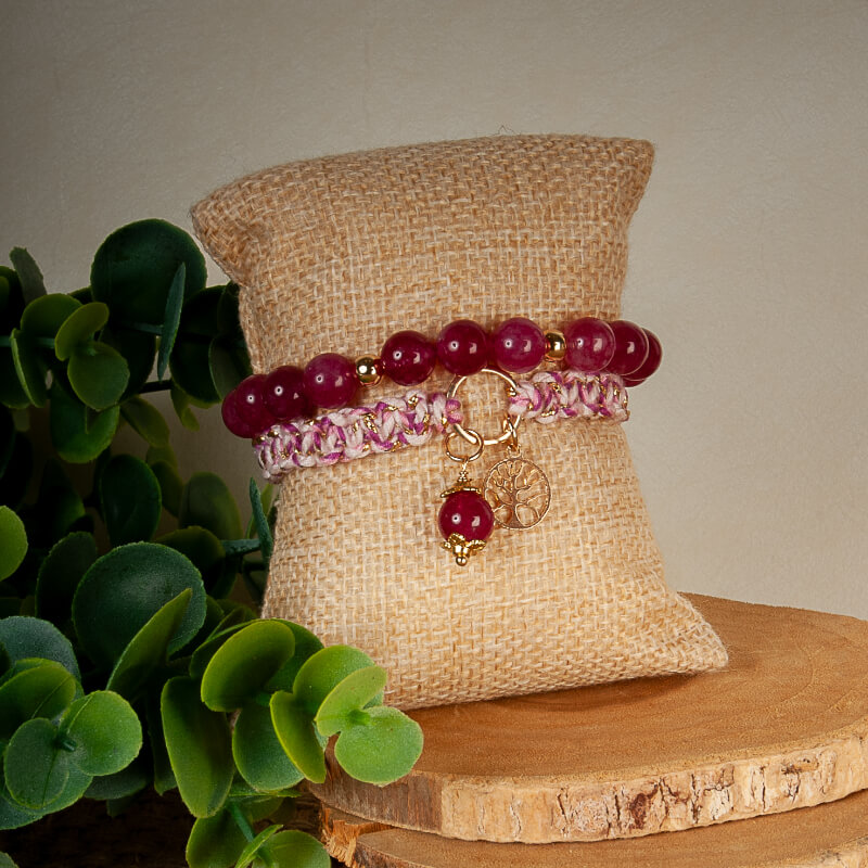 Pulsera Doble / Cadena dorada - cristal y tejido cherry