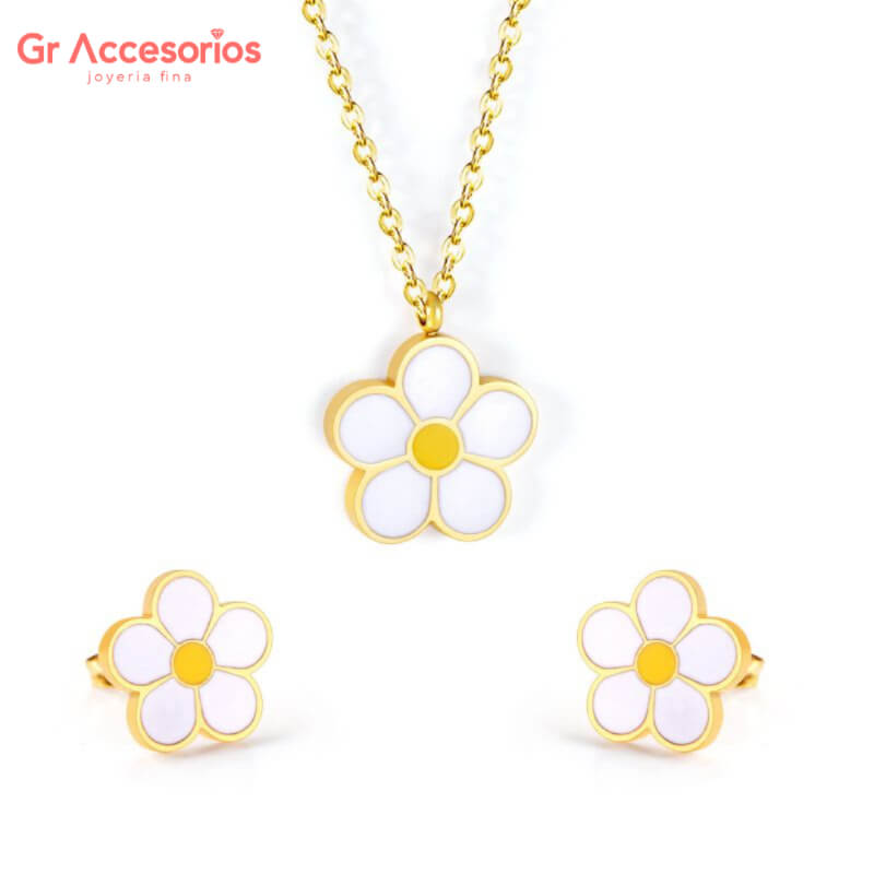 Set Collar y Aretes Flor en Acero Inoxidable - Elegancia Femenina y Juvenil