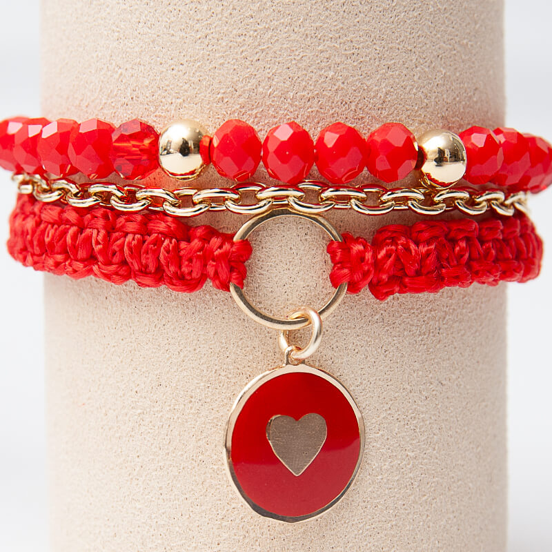 Triple pulsera Cristal Rojo, tejida, dije corazon