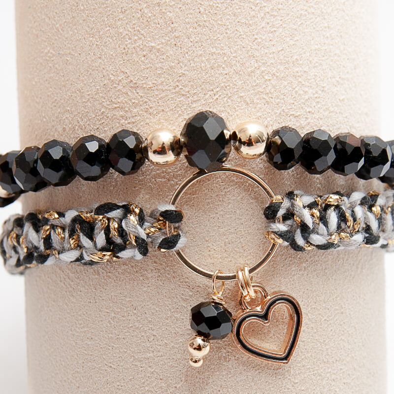 Pulsera Doble Tejida Con cristal negro y goldfilled