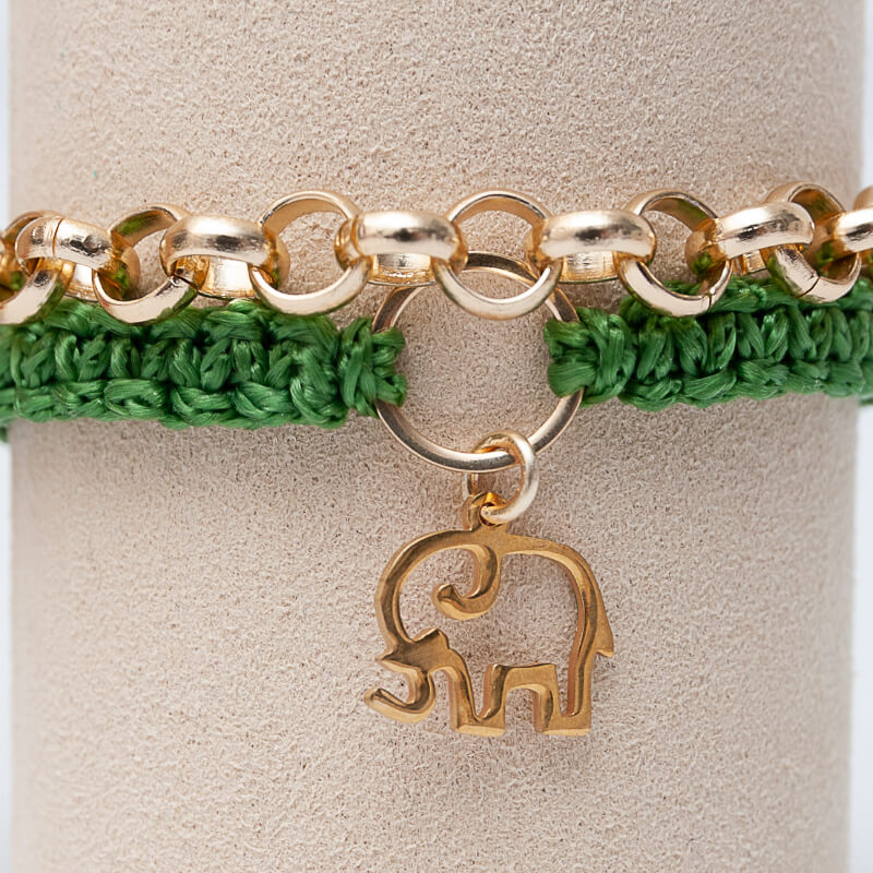 Pulsera Doble Tejida Verde con cadena dorada, dije elefante