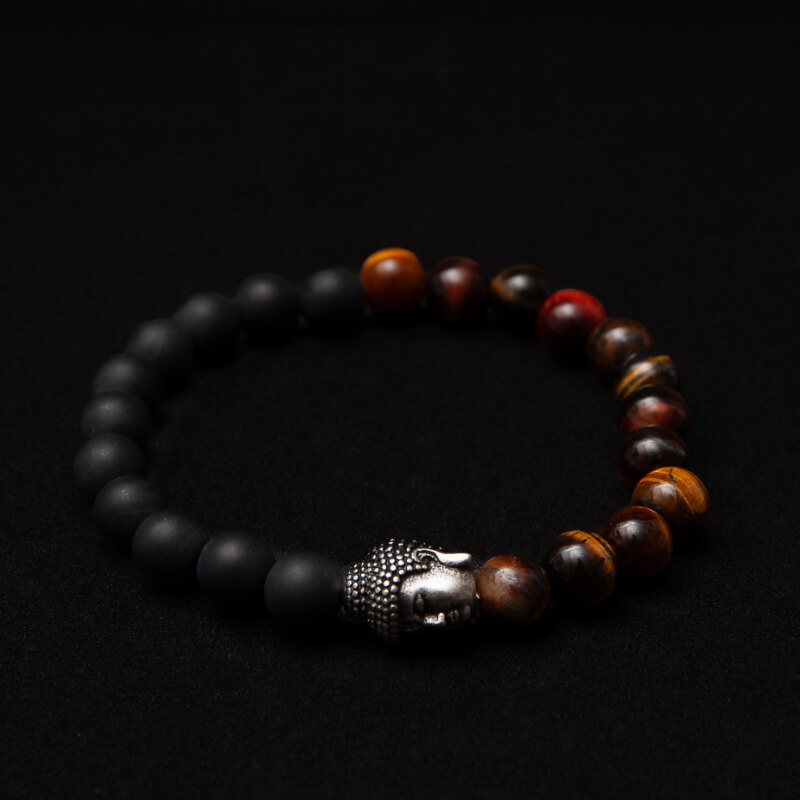 Pulsera Ojo de Tigre Con Negro y dije de Buda Plateado