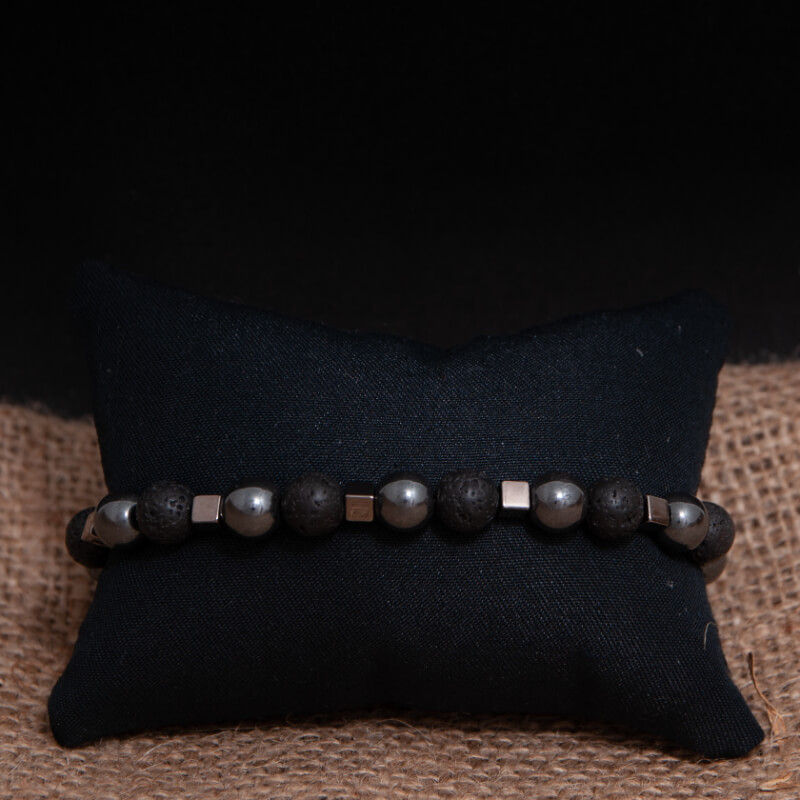 Pulsera Negra Piedra Volcánica acero