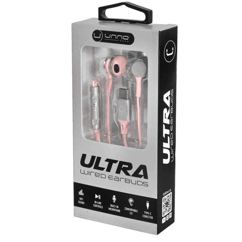 AUDIFONO CON MICROFONO UNNO TEKNO ULTRA WIRED EARBUDS USB TIPO C ROSADO