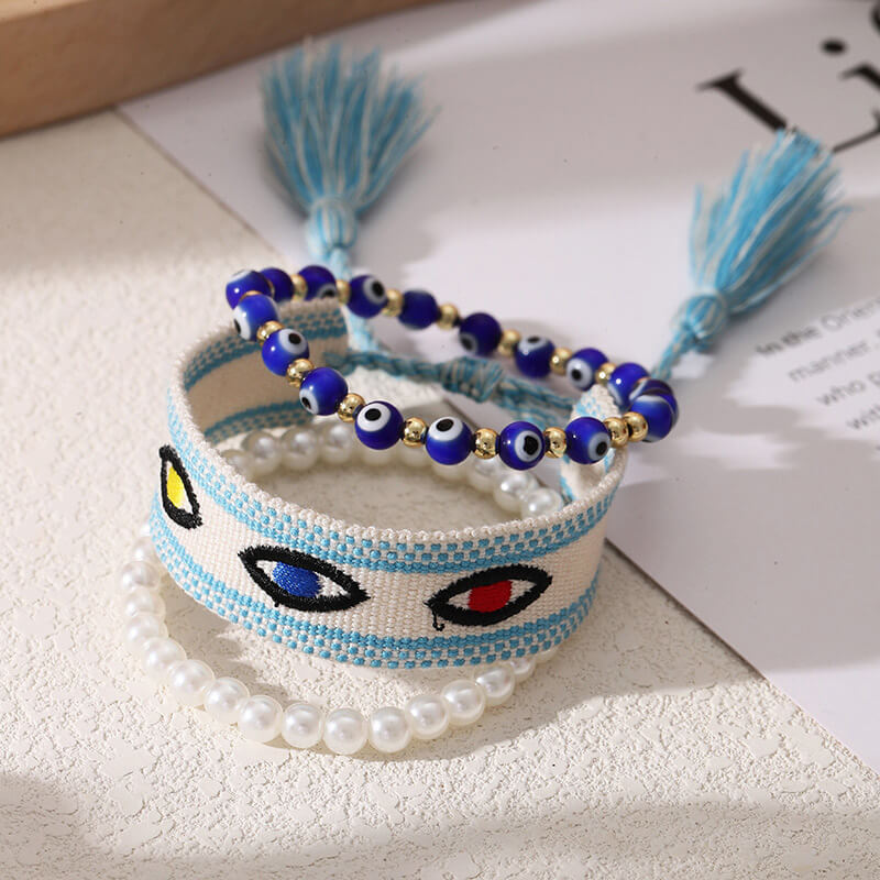 Pulsera bordada trenzada de perlas con cuentas de cobre azul Juego de 3 piezas