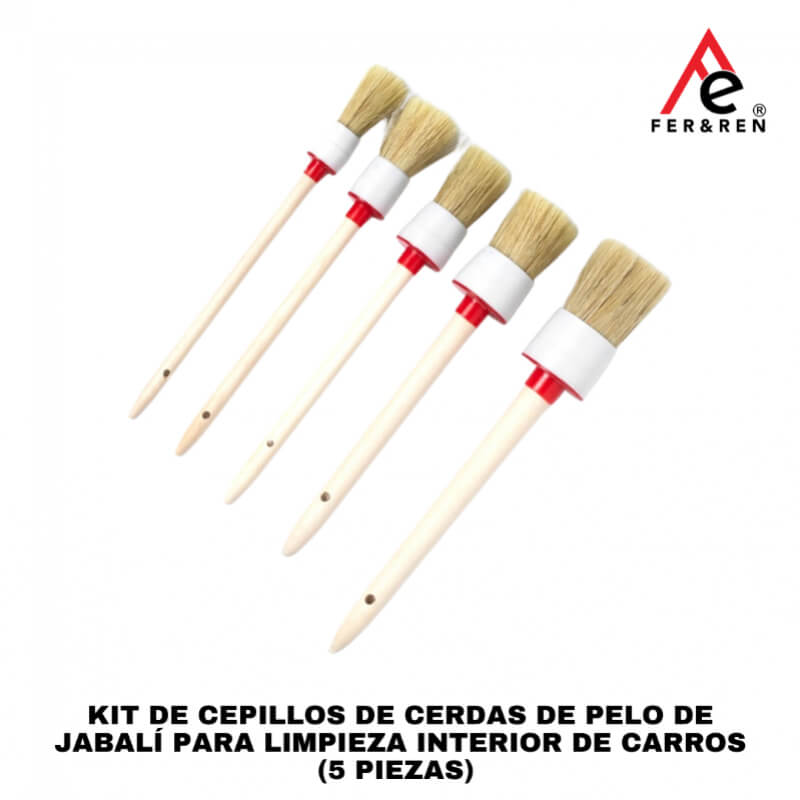 Kit de Cepillos de Cerdas de Pelo de Jabalí para Limpieza Interior de Carros (5 Piezas) | FER&REN