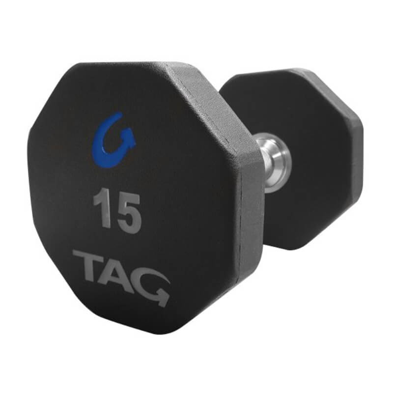 Mancuernas Tag Fitness hexagonal de goma | Fitness Solutions Ecuador