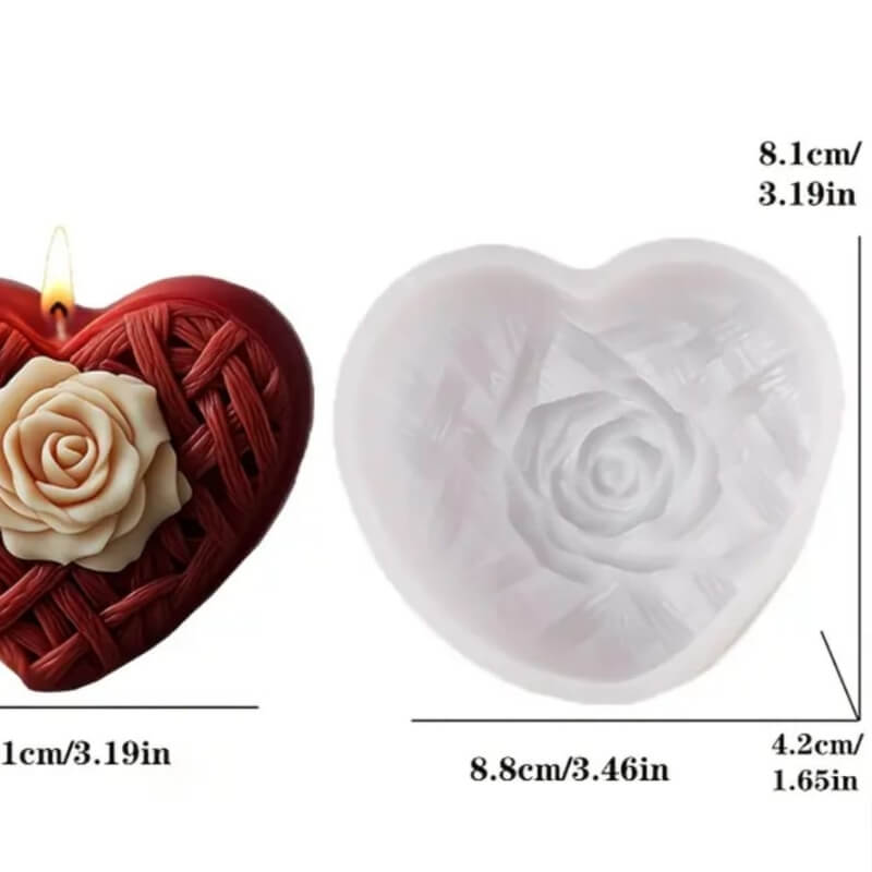 Molde de silicona con diseño Corazón Trenzado con Rosa para uso en Velas, Jabones, resina, chocolate, porcelana fria, yeso, cemento.