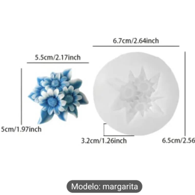 Molde de silicona Margarita con hojas para uso en yeso, velas, jabón, porcelana fría, chocolate.