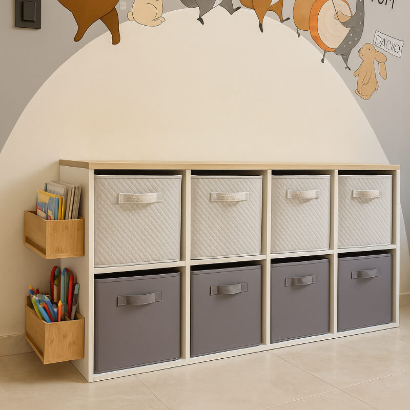 Juguetero X8 + 8 Cajas + Libreros + Tablero tipo madera