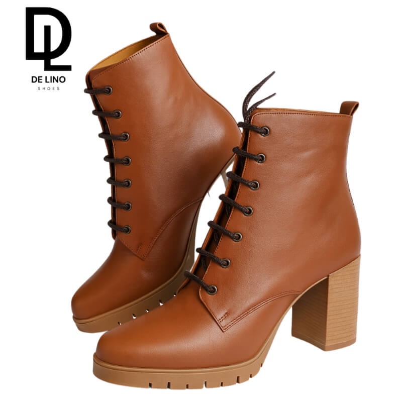 Botín de Piel para Mujer LUXOR – Elegancia y Confort con Tacón de 8 cm, Cordones Ajustables y Suela Antiderrapante | Calzado de Lino