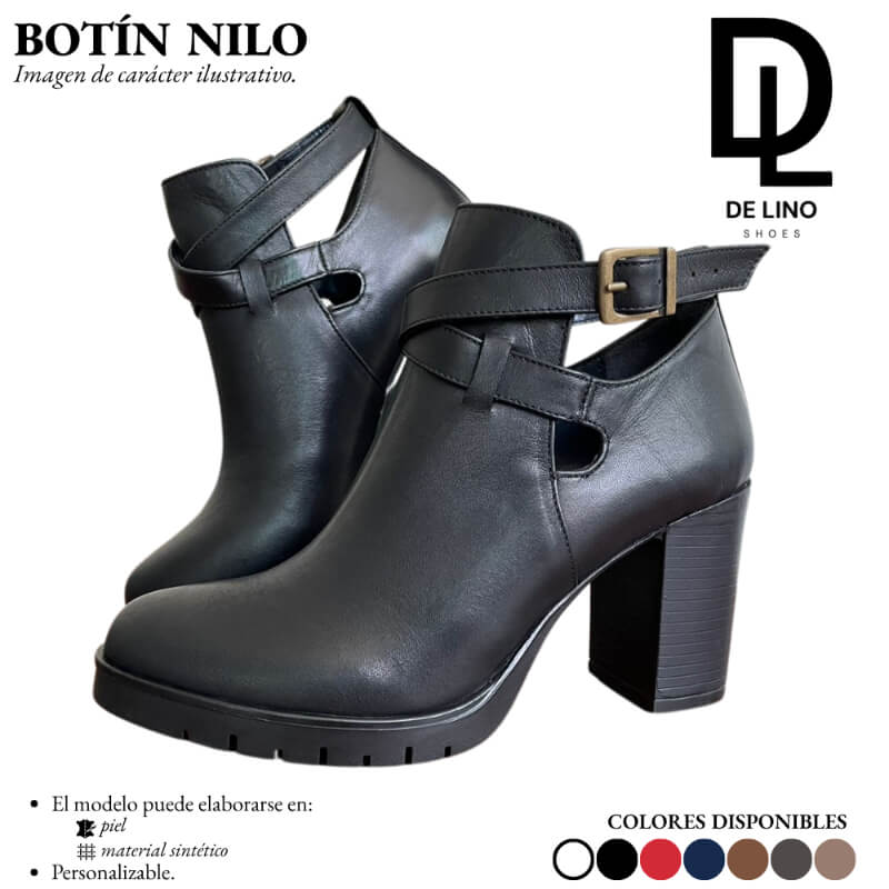 Botín de Piel para Mujer NILO – Diseño Elegante con Tacón de 9 cm, Calado Decorativo y Correa Ajustable | Calzado de Lino