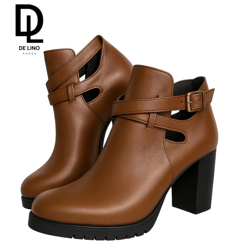 Botín NILO Sintético para Mujer | Tacón de 9 cm, Calado Decorativo y Correa Ajustable | Calzado de Lino