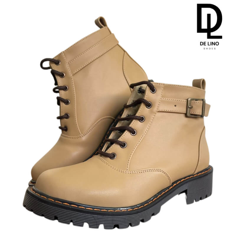 Botín Sintético para Mujer DAMIETTA – Tacón Bajo de 3 cm, Agujetas y Correa Ajustable | Ideal para Caminatas Largas | Calzado de Lino