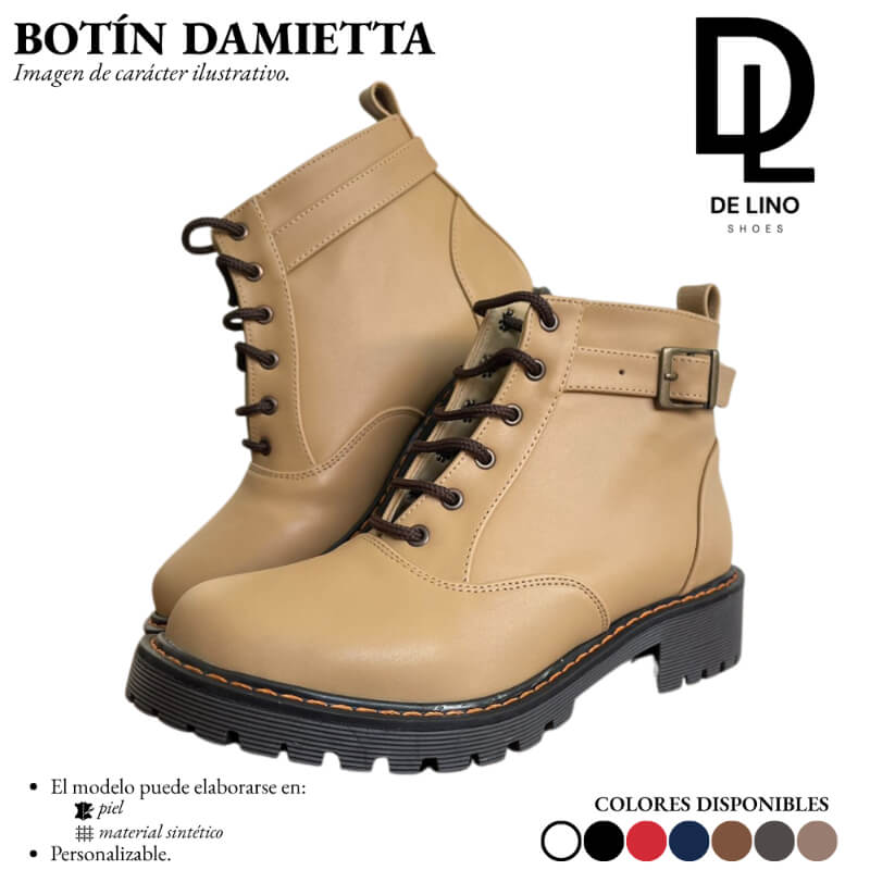 Botín Sintético para Mujer DAMIETTA – Tacón Bajo de 3 cm, Agujetas y Correa Ajustable | Ideal para Caminatas Largas | Calzado de Lino
