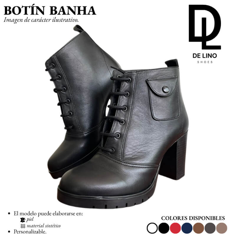 Botín de Piel para Mujer BANHA – Tacón de 8.5 cm, Agujetas y Bolsa Decorativa | Diseño Artesanal Mexicano Casual y Formal | Calzado de Lino