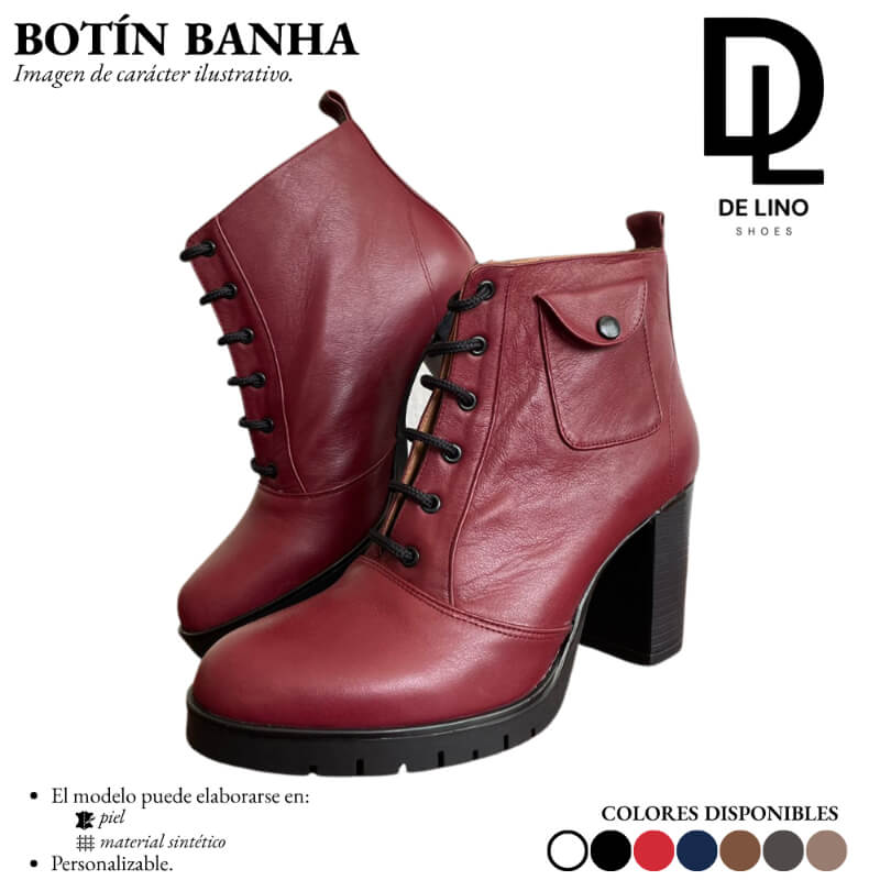 Botín Sintético para Mujer BANHA – Tacón de 8.5 cm, Agujetas y Bolsa Decorativa | Diseño Mexicano Casual y Formal | Calzado de Lino