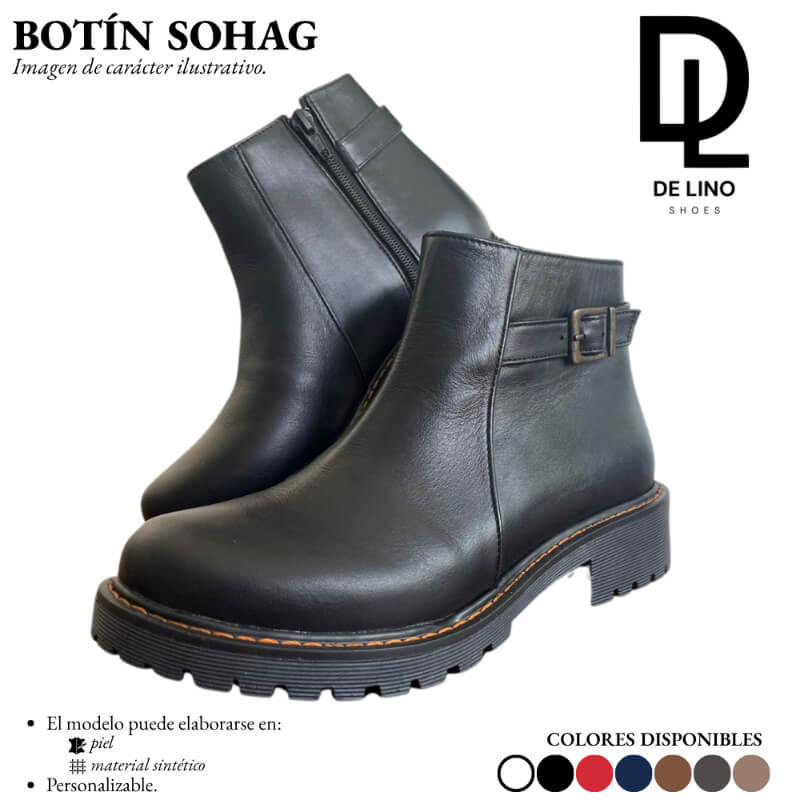 Botín de Piel para Mujer SOHAG – Tacón Bajo de 3 cm, Correa Ajustable y Cierre Lateral | Costura Decorativa | Calzado Artesanal Mexicano