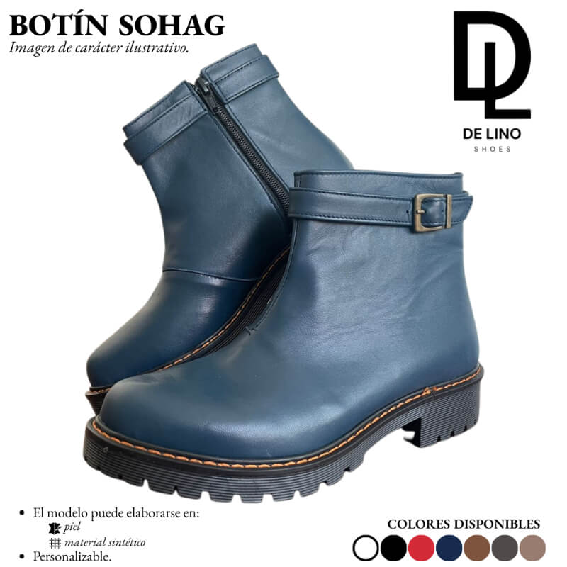 Botín Sintético para Mujer SOHAG – Tacón Bajo de 3 cm, Correa con Hebilla y Costura Decorativa | Hecho en México | Calzado de Lino