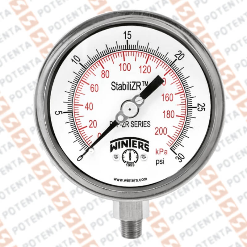 Manometro PFP, dial 2.5, ZR, 0-30psi/bar 1%, 1/4npt inf, ss/ss, ip66, Winters