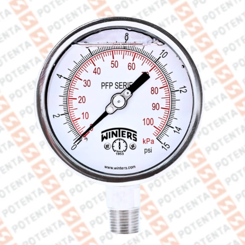 Manometro PFP, dial 2.5, ZR, 0-15psi/bar 1%, 1/4npt inf, ss/ss, ip66, Winters